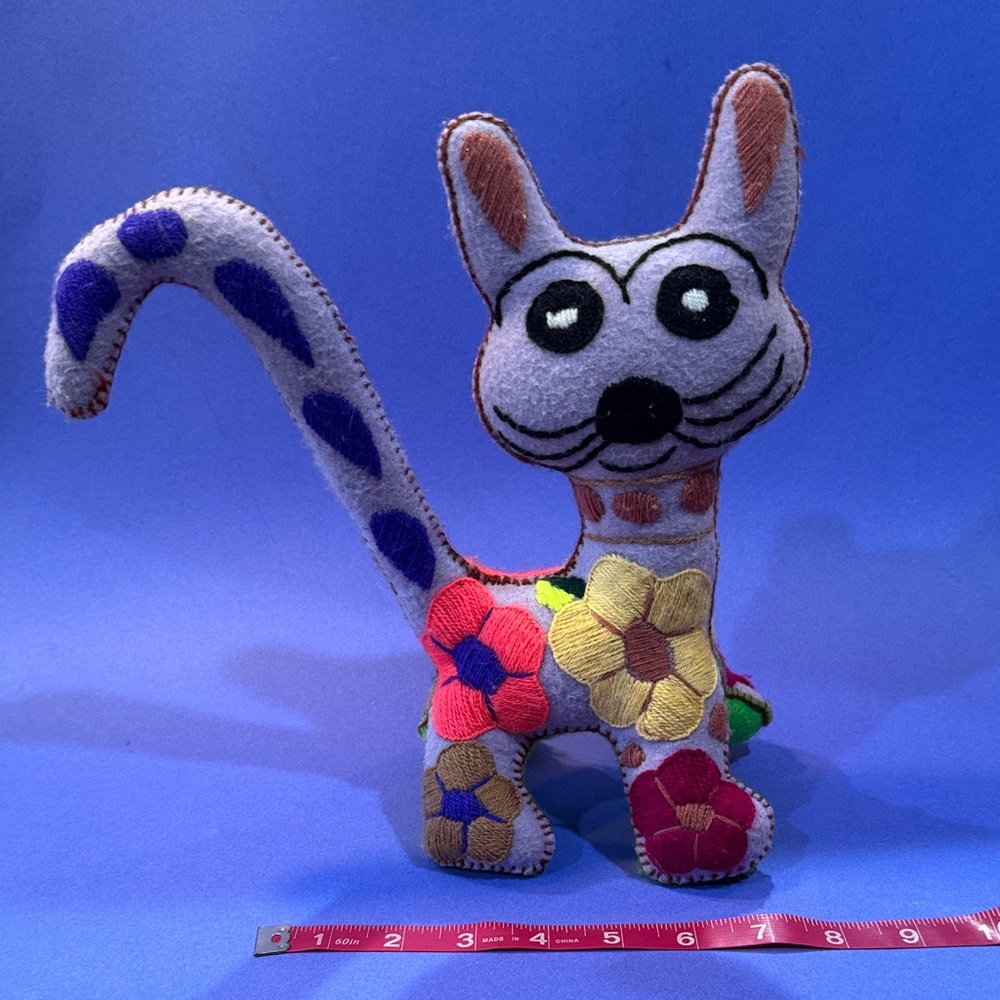 Vintage sewn Colorful Embroidered Cat Plush